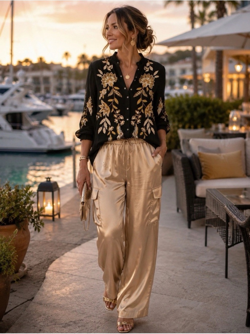 Johnny Was Workshop Silk Embroidered Boho Blouse Black Gold Button Front S - Picture 7 of 13